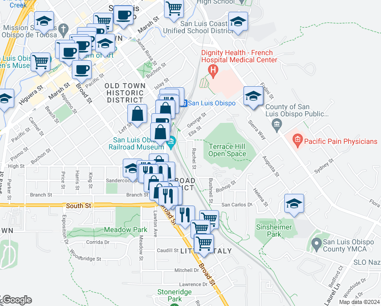 map of restaurants, bars, coffee shops, grocery stores, and more near 2075 Rachel Street in San Luis Obispo