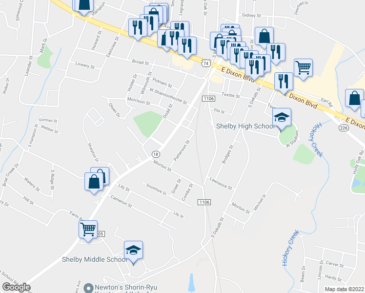 map of restaurants, bars, coffee shops, grocery stores, and more near 1218 Patterson Street in Shelby