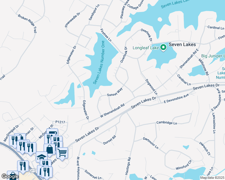 map of restaurants, bars, coffee shops, grocery stores, and more near 118 Sunset Way in Seven Lakes