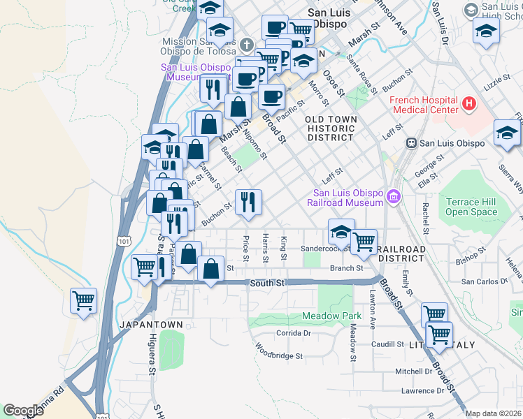 map of restaurants, bars, coffee shops, grocery stores, and more near 493 Islay Street in San Luis Obispo