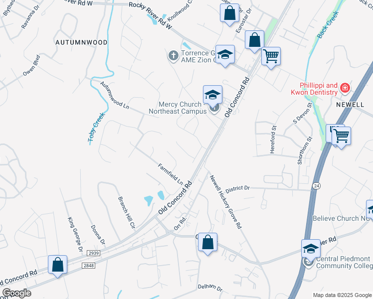 map of restaurants, bars, coffee shops, grocery stores, and more near 7424 Ponders End Lane in Charlotte