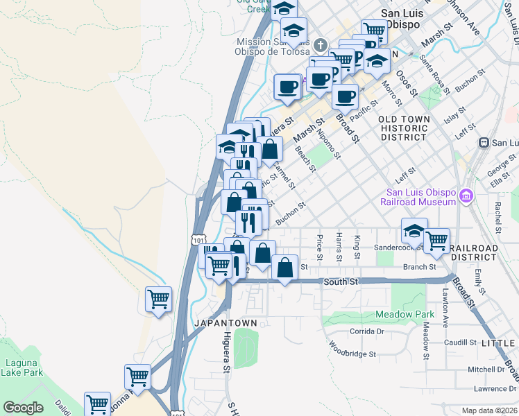 map of restaurants, bars, coffee shops, grocery stores, and more near 130 High Street in San Luis Obispo