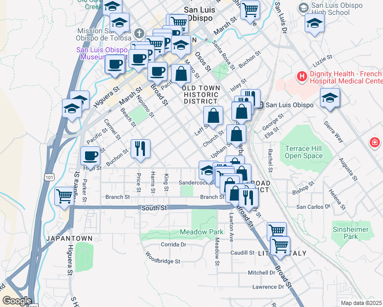 map of restaurants, bars, coffee shops, grocery stores, and more near 662 Upham Street in San Luis Obispo