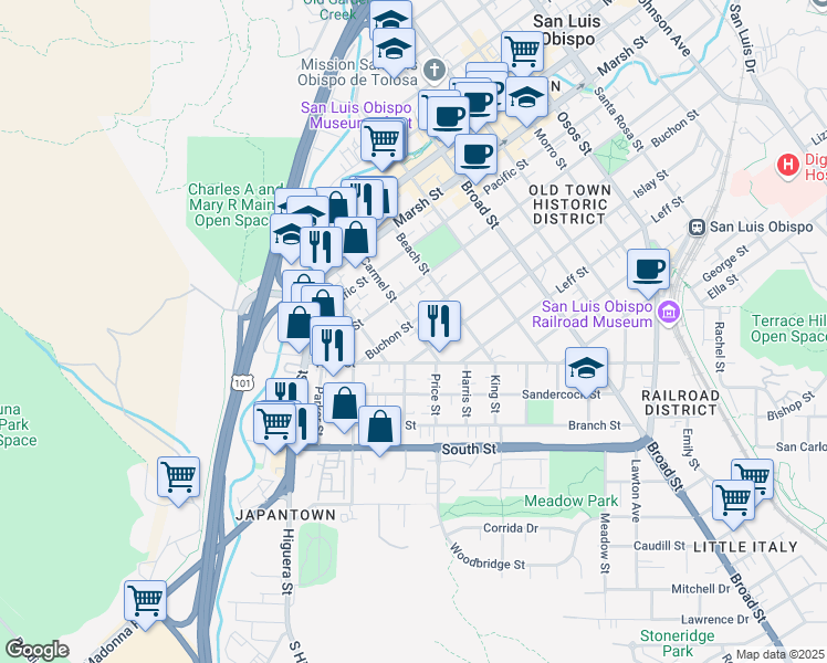map of restaurants, bars, coffee shops, grocery stores, and more near 350 Islay Street in San Luis Obispo