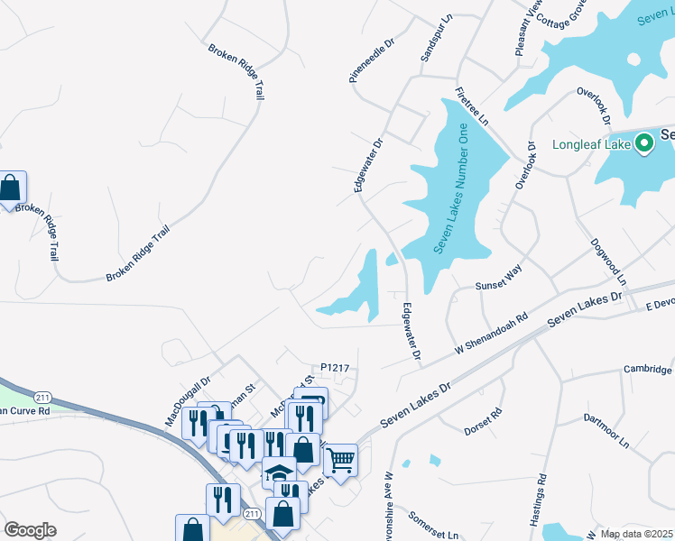 map of restaurants, bars, coffee shops, grocery stores, and more near 117 Fox Run Court in Seven Lakes