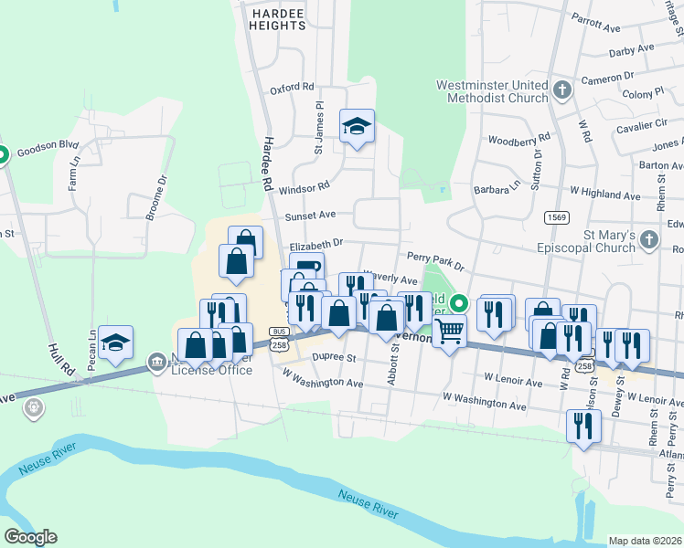 map of restaurants, bars, coffee shops, grocery stores, and more near 900 Westover Avenue in Kinston