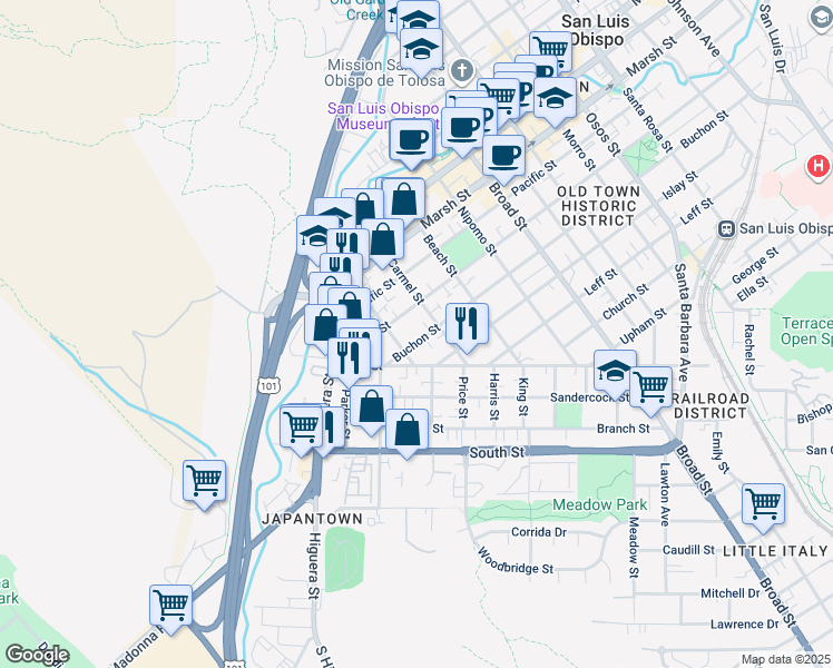 map of restaurants, bars, coffee shops, grocery stores, and more near 362 Buchon Street in San Luis Obispo