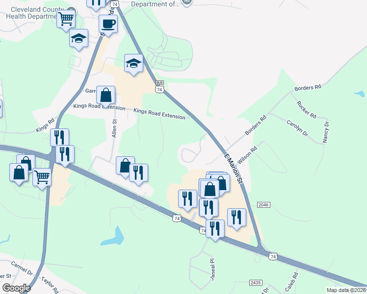 map of restaurants, bars, coffee shops, grocery stores, and more near 163 Camden Court in Shelby