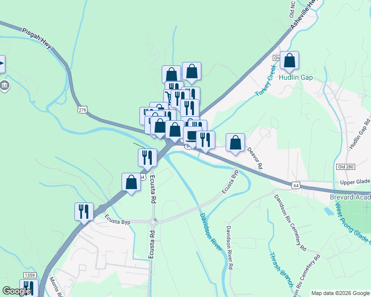 map of restaurants, bars, coffee shops, grocery stores, and more near New Hendersonville Highway in Pisgah Forest
