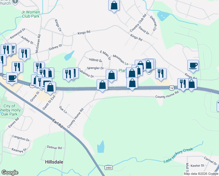 map of restaurants, bars, coffee shops, grocery stores, and more near East Dixon Boulevard in Shelby