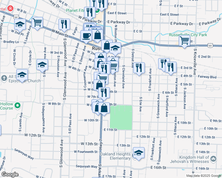 map of restaurants, bars, coffee shops, grocery stores, and more near 202 East 5th Street in Russellville