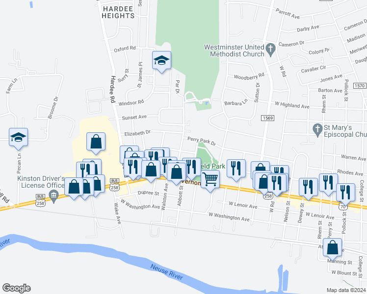map of restaurants, bars, coffee shops, grocery stores, and more near 1003 Fairfield Avenue in Kinston