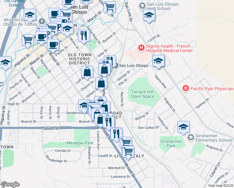 map of restaurants, bars, coffee shops, grocery stores, and more near 2028 Jennifer Street in San Luis Obispo