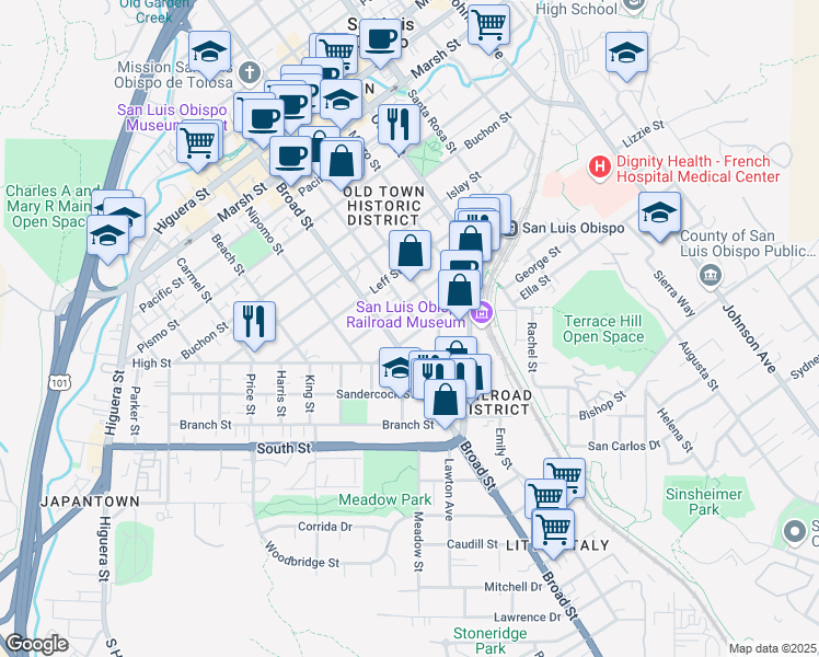 map of restaurants, bars, coffee shops, grocery stores, and more near 1804 Garden Street in San Luis Obispo
