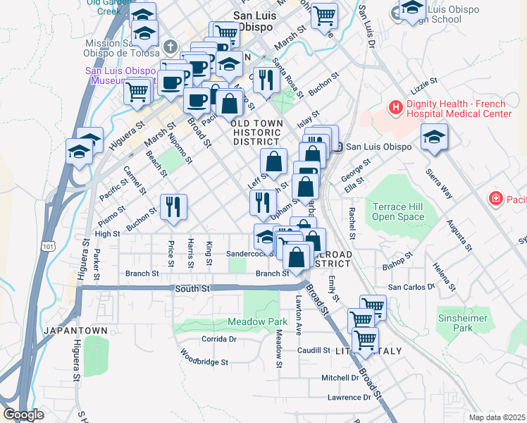 map of restaurants, bars, coffee shops, grocery stores, and more near 1804 Garden Street in San Luis Obispo