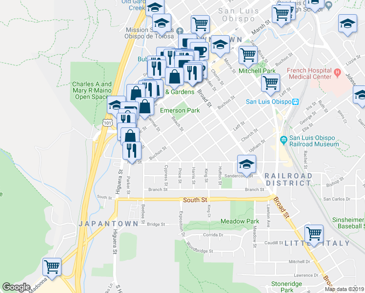 map of restaurants, bars, coffee shops, grocery stores, and more near 1503 Beach Street in San Luis Obispo