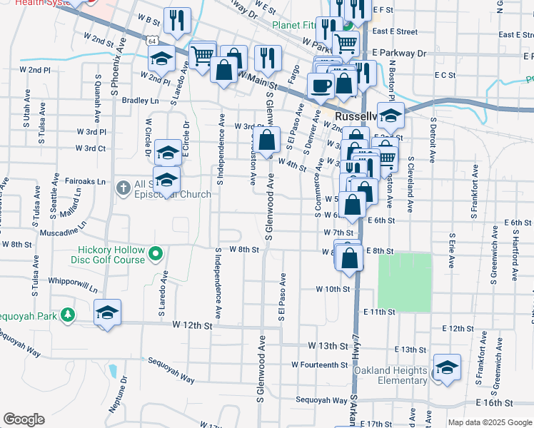 map of restaurants, bars, coffee shops, grocery stores, and more near 500 South Glenwood Avenue in Russellville