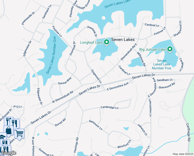 map of restaurants, bars, coffee shops, grocery stores, and more near 104 Shenandoah Road in Seven Lakes