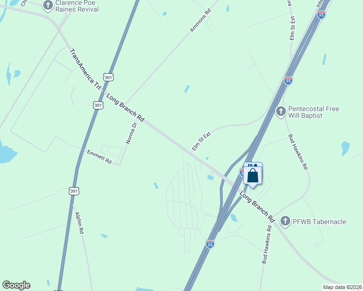 map of restaurants, bars, coffee shops, grocery stores, and more near 405 Long Branch Road in Dunn