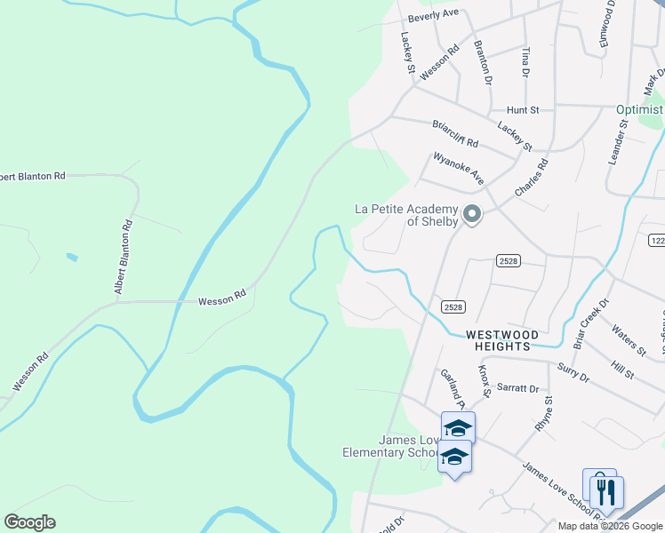 map of restaurants, bars, coffee shops, grocery stores, and more near 1120 Ladell Lane in Shelby