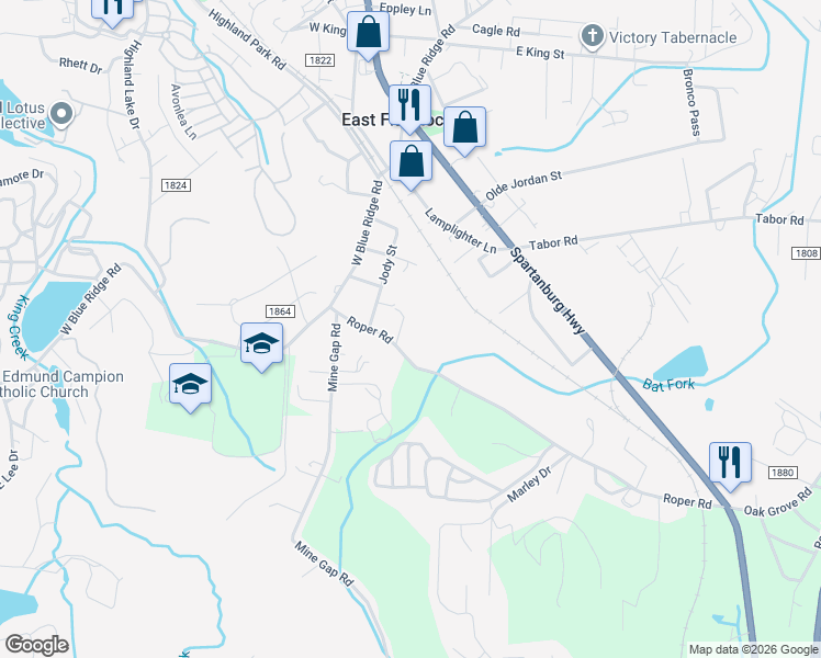 map of restaurants, bars, coffee shops, grocery stores, and more near 73 Valentine Street in East Flat Rock