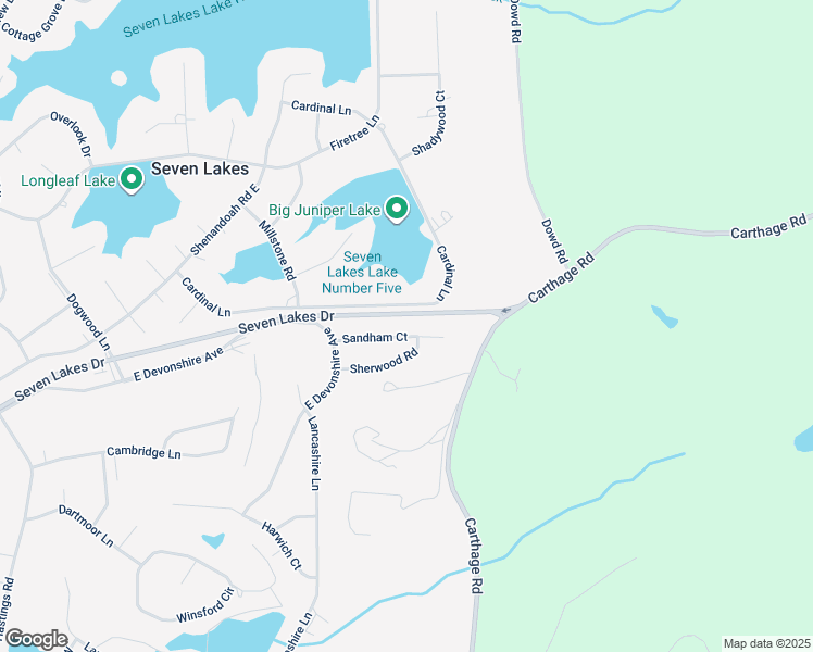 map of restaurants, bars, coffee shops, grocery stores, and more near 121 Sandham Court in Seven Lakes