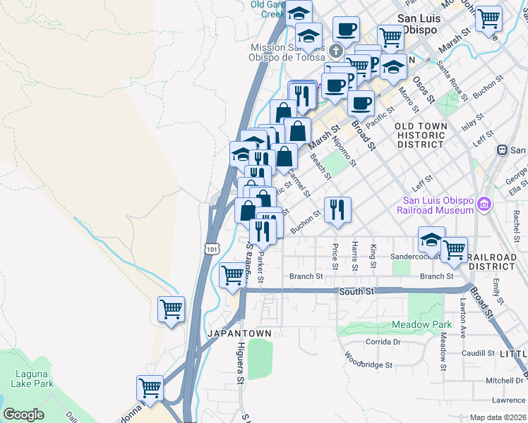 map of restaurants, bars, coffee shops, grocery stores, and more near 200-298 Pacific Street in San Luis Obispo