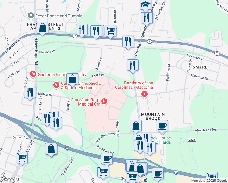 map of restaurants, bars, coffee shops, grocery stores, and more near 2555 Court Drive in Gastonia