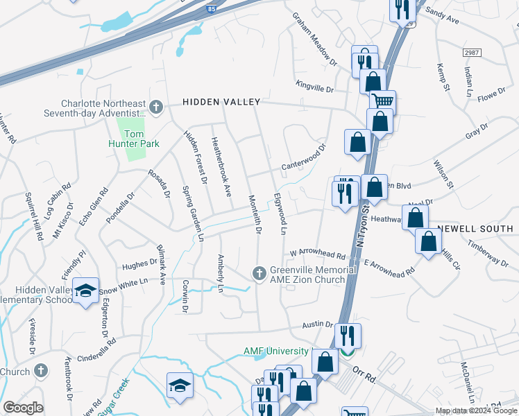 map of restaurants, bars, coffee shops, grocery stores, and more near 6364 Monteith Drive in Charlotte