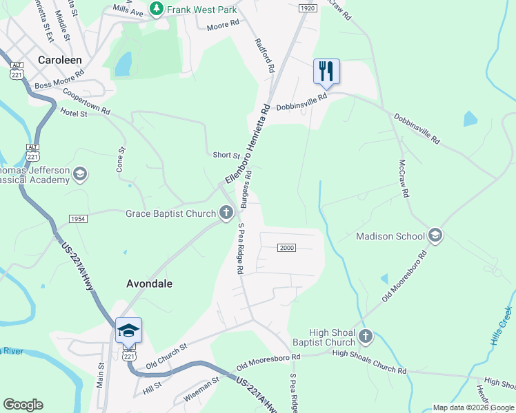 map of restaurants, bars, coffee shops, grocery stores, and more near 144 Burgess Road in Mooresboro