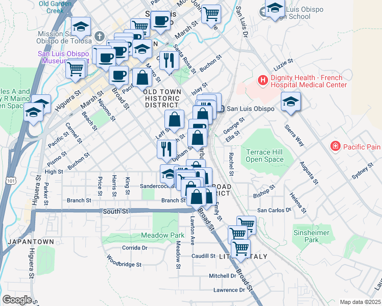 map of restaurants, bars, coffee shops, grocery stores, and more near 856 Upham Street in San Luis Obispo