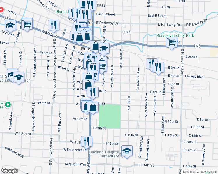 map of restaurants, bars, coffee shops, grocery stores, and more near 214 East 5th Street in Russellville