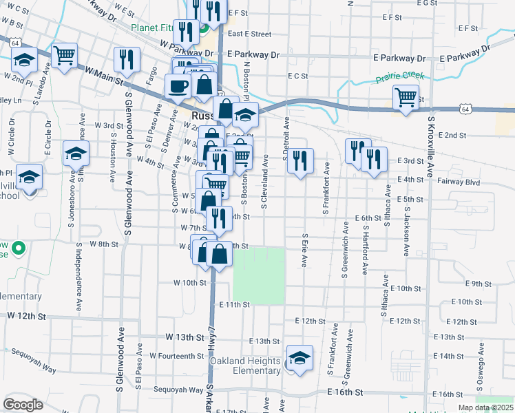 map of restaurants, bars, coffee shops, grocery stores, and more near 214 East 5th Street in Russellville