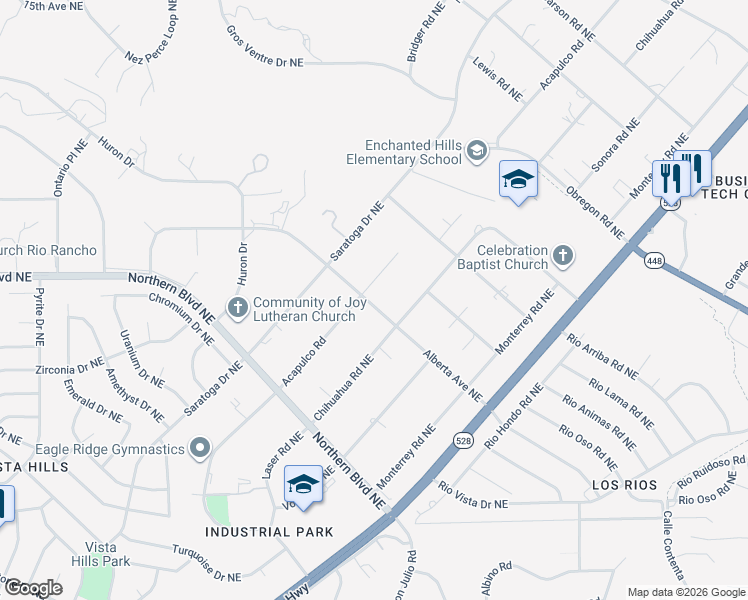 map of restaurants, bars, coffee shops, grocery stores, and more near 901 Acapulco Court Northeast in Rio Rancho
