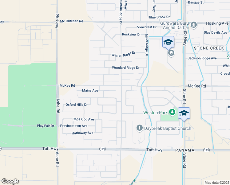 map of restaurants, bars, coffee shops, grocery stores, and more near 5806 Maine Avenue in Bakersfield