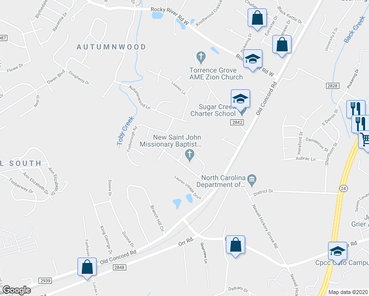 map of restaurants, bars, coffee shops, grocery stores, and more near in Charlotte