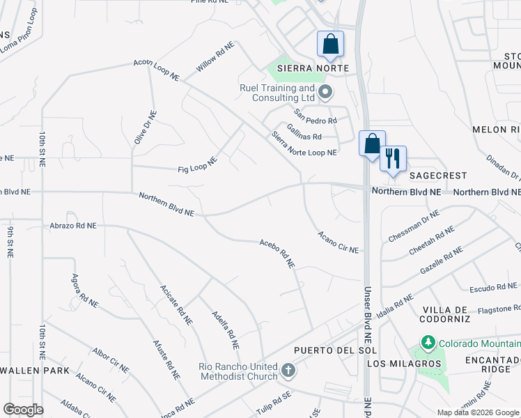 map of restaurants, bars, coffee shops, grocery stores, and more near 1722 Northern Boulevard Northeast in Rio Rancho