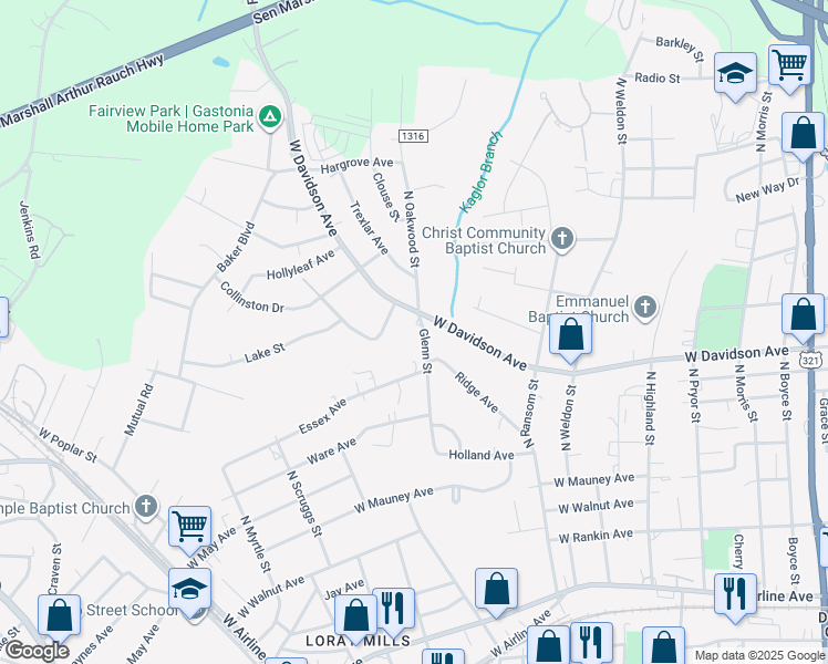 map of restaurants, bars, coffee shops, grocery stores, and more near 845 Glenn Street in Gastonia