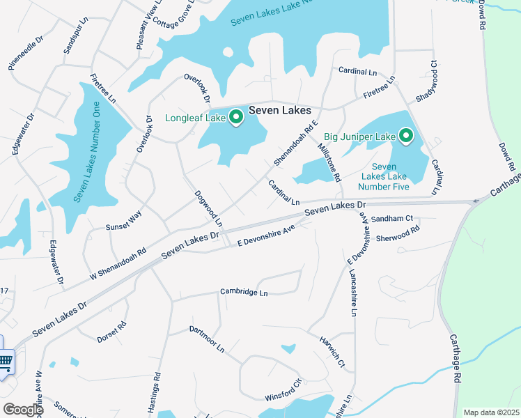 map of restaurants, bars, coffee shops, grocery stores, and more near 110 Chestnut Court in Seven Lakes