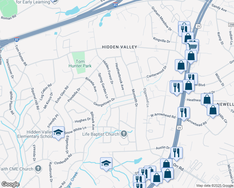 map of restaurants, bars, coffee shops, grocery stores, and more near 6322 Hidden Forest Drive in Charlotte