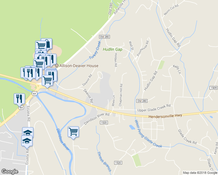 map of restaurants, bars, coffee shops, grocery stores, and more near 200 Riley Lane in Pisgah Forest