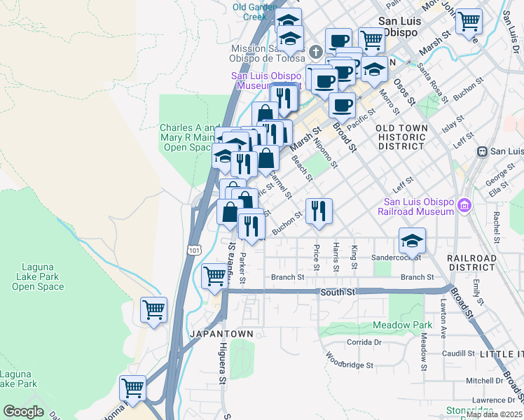 map of restaurants, bars, coffee shops, grocery stores, and more near 350 Pismo Street in San Luis Obispo