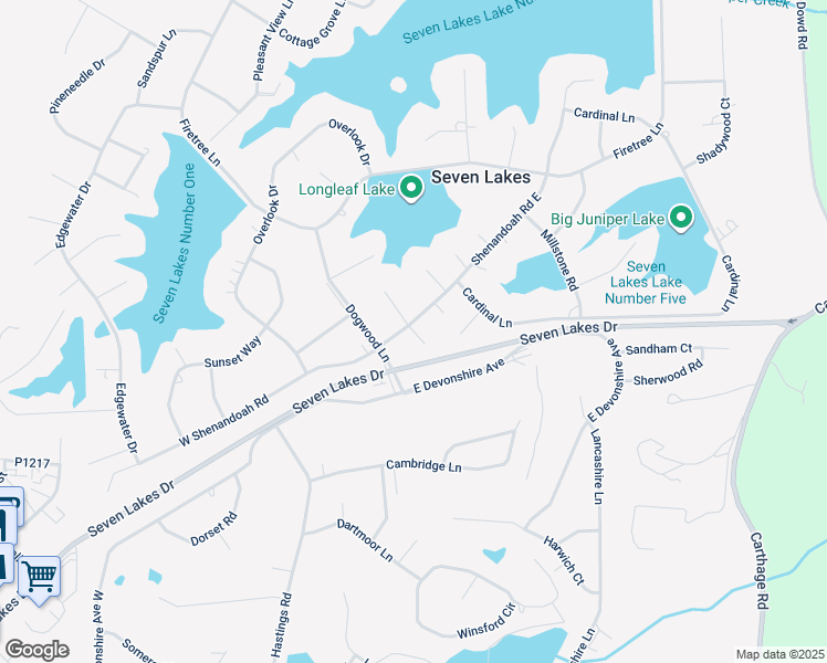 map of restaurants, bars, coffee shops, grocery stores, and more near Bunside Court in Seven Lakes