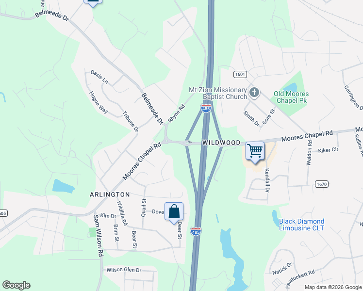 map of restaurants, bars, coffee shops, grocery stores, and more near 1407 Rhyne Road in Charlotte