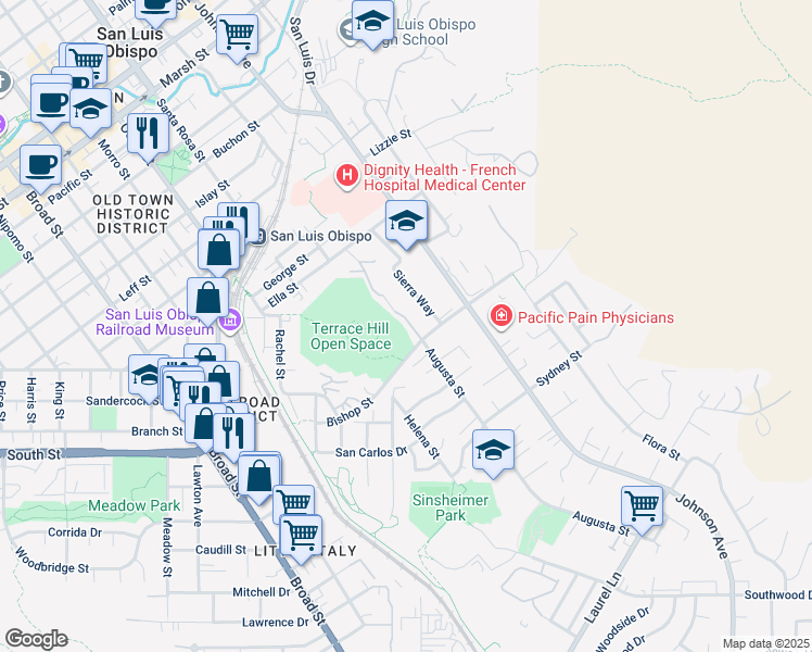 map of restaurants, bars, coffee shops, grocery stores, and more near 2163 Augusta Court in San Luis Obispo