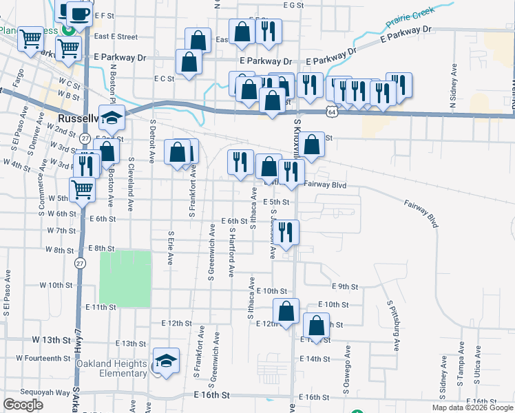 map of restaurants, bars, coffee shops, grocery stores, and more near 901 East 5th Street in Russellville
