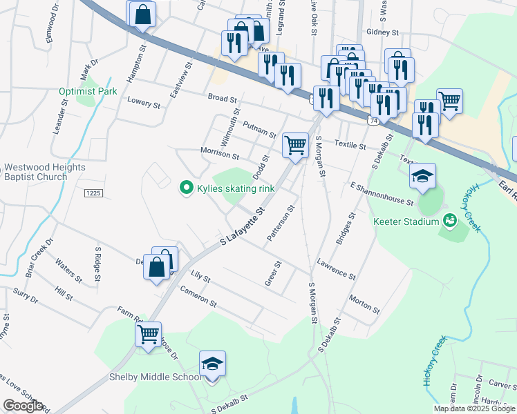 map of restaurants, bars, coffee shops, grocery stores, and more near 1218 South Lafayette Street in Shelby