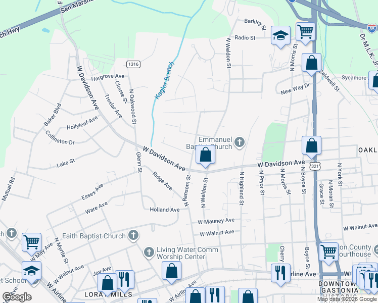 map of restaurants, bars, coffee shops, grocery stores, and more near 1019 North Ransom Street in Gastonia