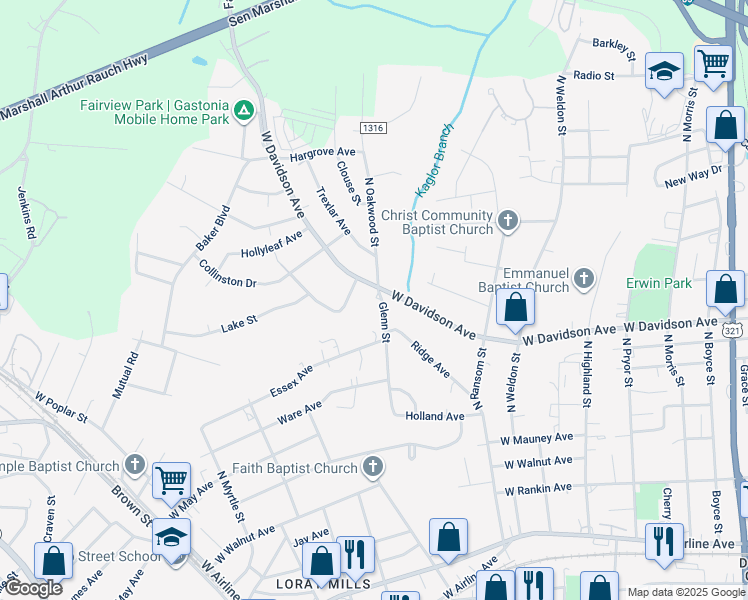 map of restaurants, bars, coffee shops, grocery stores, and more near 881 Glenn Street in Gastonia