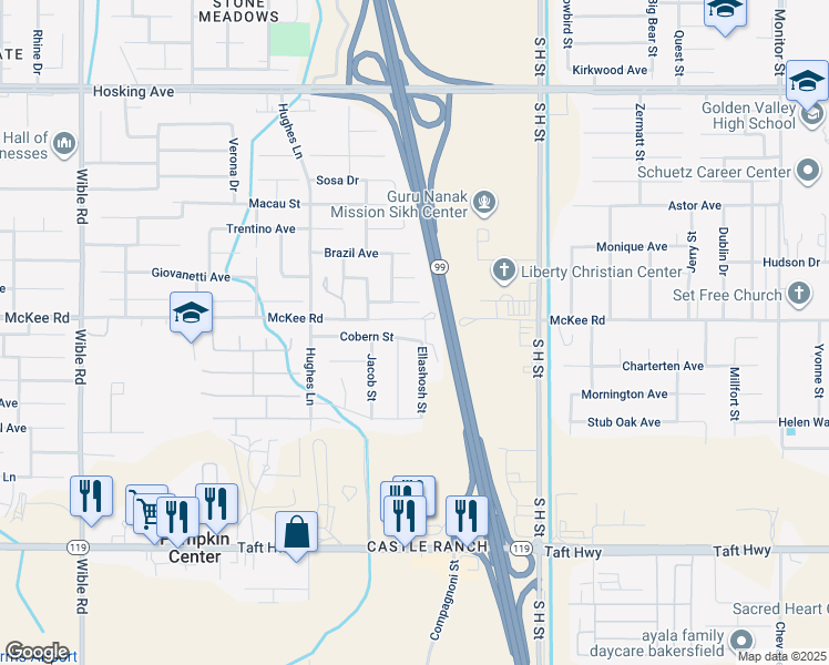 map of restaurants, bars, coffee shops, grocery stores, and more near 2110 Cobern Street in Bakersfield